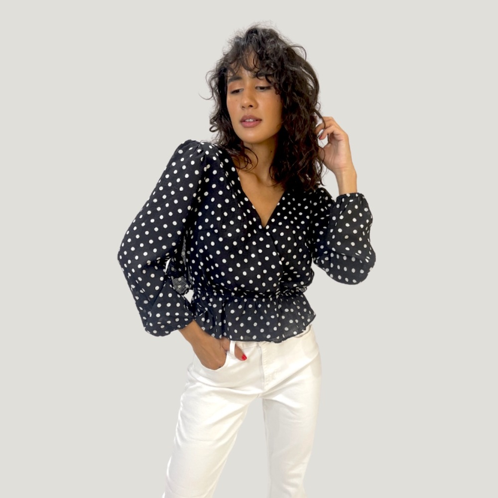 Long sleeve black top with white dots